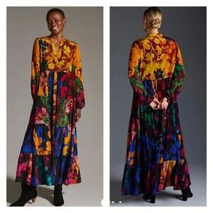 nwot Siddhartha Bansal Dress XXS Floral ALine Button Tiered Balloon-long-sl Maxi
